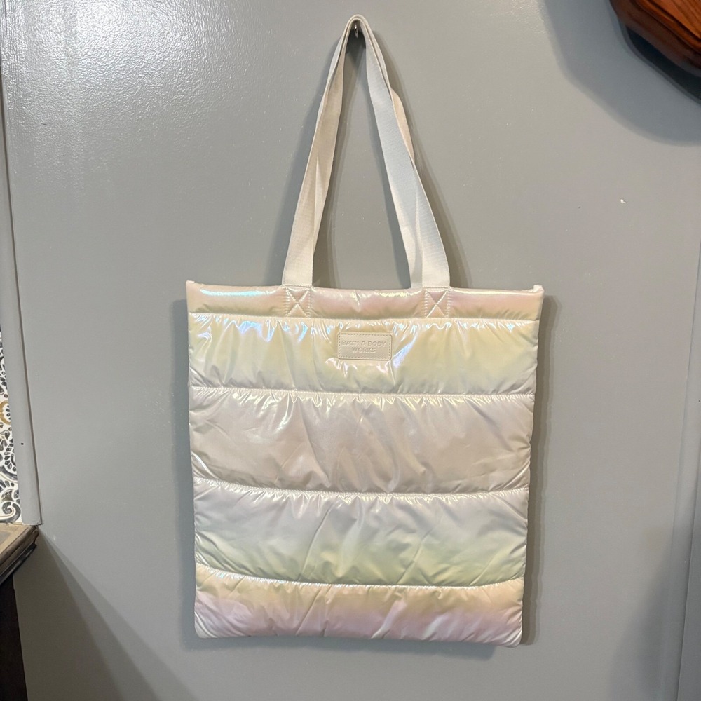 Bath & Body Works White Holographic Pastel Quilted Iridescent Puffer Tote Bag